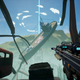 A screenshot from Adaca shows a player aiming a large rifle at a crashed boat.